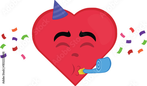 vector illustration emoticon character heart cartoon, with a party hat, serpentine and falling confetti paper