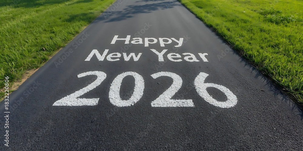 Fototapeta premium Happy new year 2026 painted on asphalt path with grass on the sides