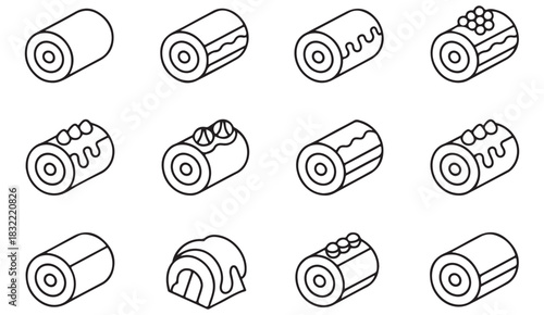 Clean thin-line pastry illustration set including frosted rolls and cream-filled sweets