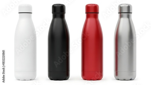 Group of colorful insulated steel water bottles mockup, eco-friendly, copy space 