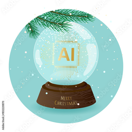 Christmas and New Year greeting card in traditional style with modern technology elements. Christmas snowglobe, abstract golden AI symbol in shape of microchip at snowy background. Vector illustration