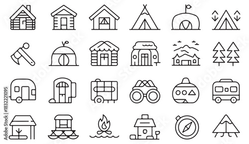 Modern thin-line camping icon pack for travel apps, guides, and outdoor brand graphics