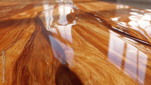 Polished wooden surface with rich grain, covered in a clear, reflective, liquid-like coating, capturing ambient light beautifully.
