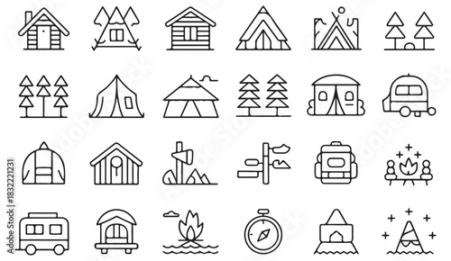 Minimalist camping and outdoor icon set featuring tents, cabins, campfires, and nature symbols