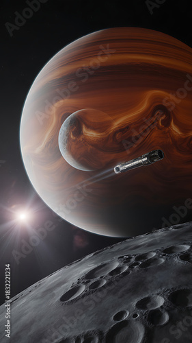 Alien moon orbits gas giant planet with spacecraft flying past