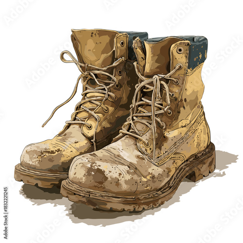 Vector illustration of a pair of dirty work boots covered in mud