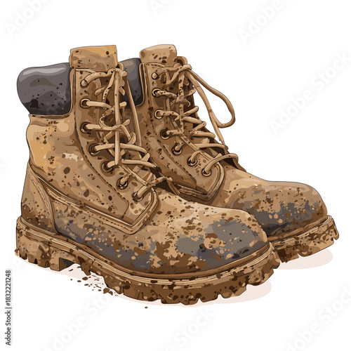 Vector illustration of a pair of dirty work boots covered in mud