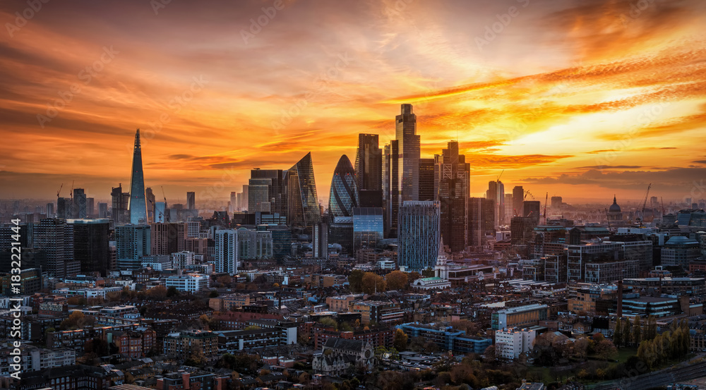 Fototapeta premium Panoramic sunset view of the city skyline of London, England, with beautiful cloudscape and golden sunlight