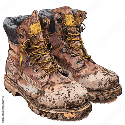 Vector illustration of a pair of dirty work boots covered in mud