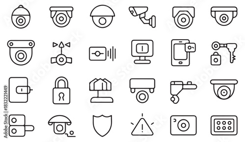  Modern line-style safety icons representing alarms, sensors, locks, and video monitoring