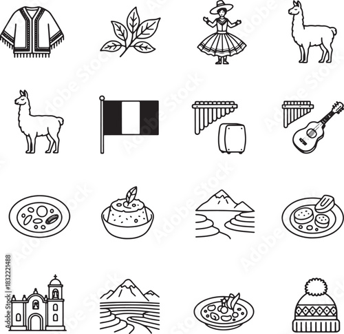 Collection of black and white line icons representing peruvian culture and landmarks