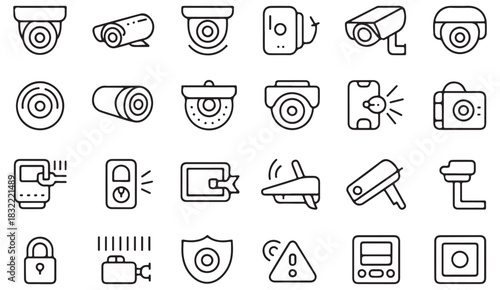  Outline surveillance system icons for smart home protection and security technology