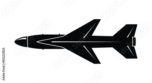 A sleek dark depiction of an airplane viewed from above is a striking silhouette