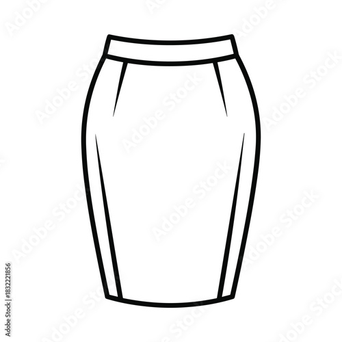 Simple black and white line drawing of a classic pencil skirt fashion illustration
