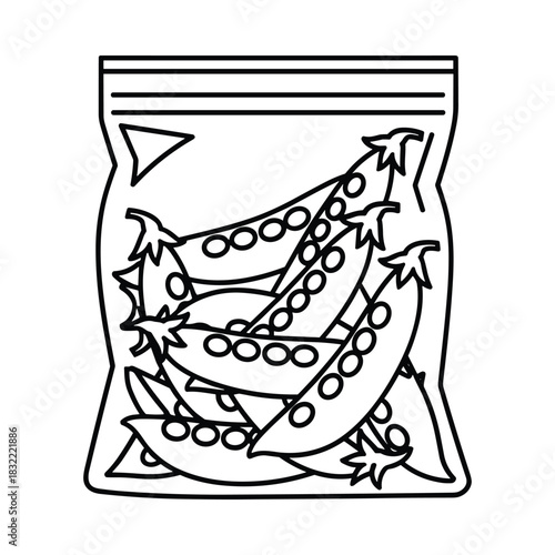 Illustration of fresh green peas in a clear plastic zipper bag for storage or freezing