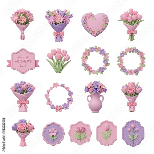 Happy Mothers Day floral collection with bouquets and wreaths for holiday design