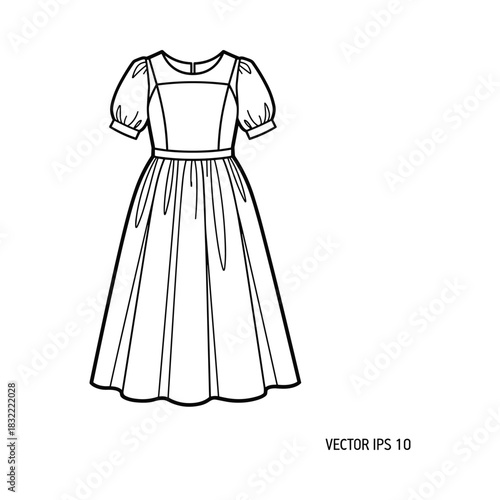 Fashion illustration of a classic puff sleeve midi dress with a square neckline