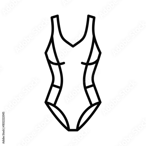 Simple black and white line art illustration of a one piece swimsuit