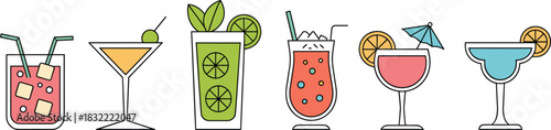 Colorful cocktail drinks, summer beverages, refreshing mixed drinks, fruit garnishes, tropical bar icons, illustrated drink set