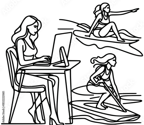 A woman working at a computer and surfing. Balance between career and active leisure.