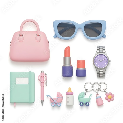 Stylish feminine accessories collection arranged on a clean white surface backdrop