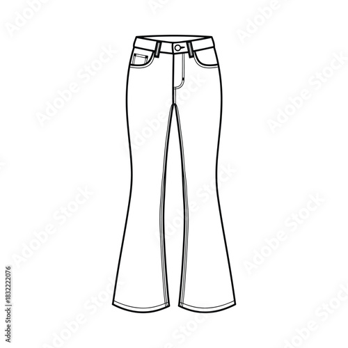 Fashion illustration of classic flared denim jeans with a high waist and pockets