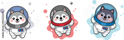 Cute husky astronaut characters in colorful space suits, adorable cosmic animal illustration set for kids design