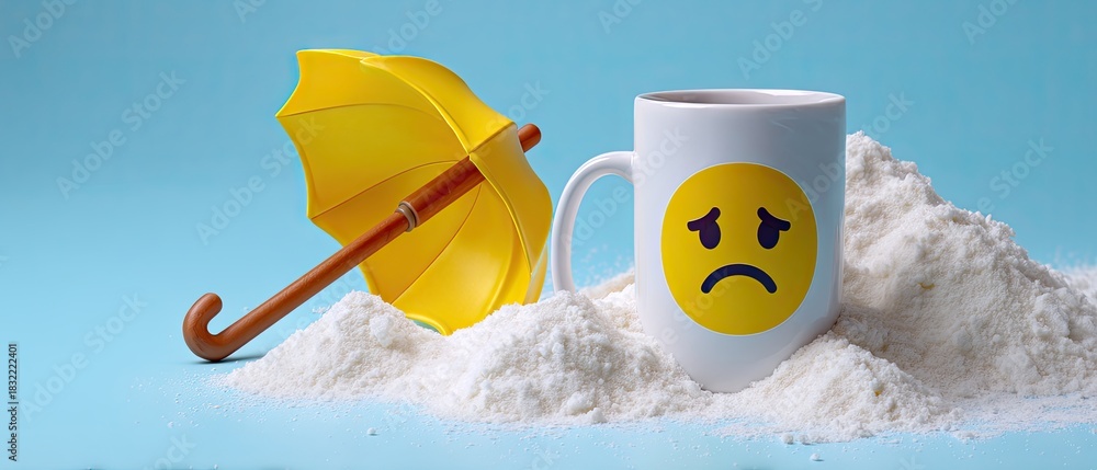 Obraz premium Sad face emoji mug with yellow umbrella, surrounded by snow and ice on a pastel background in a modern setting