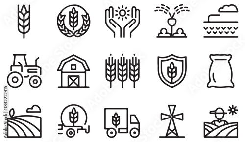 Modern farming symbol collection including plants, machinery, and organic concepts