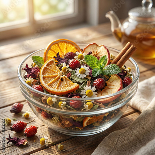 Aromatic blend of dried herbal tea ingredients in a glass bowl