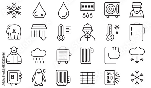 HVAC equipment and weather symbol collection for technical illustrations and UI design