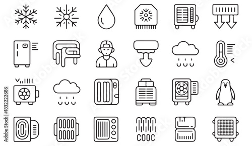 Comprehensive set of heating, cooling, and humidity control icons in clean linear design