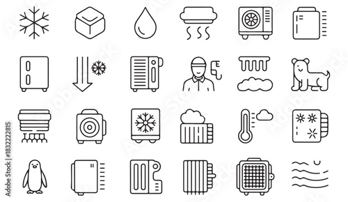Modern outline icons representing refrigeration systems, heaters, vents, and climate functions