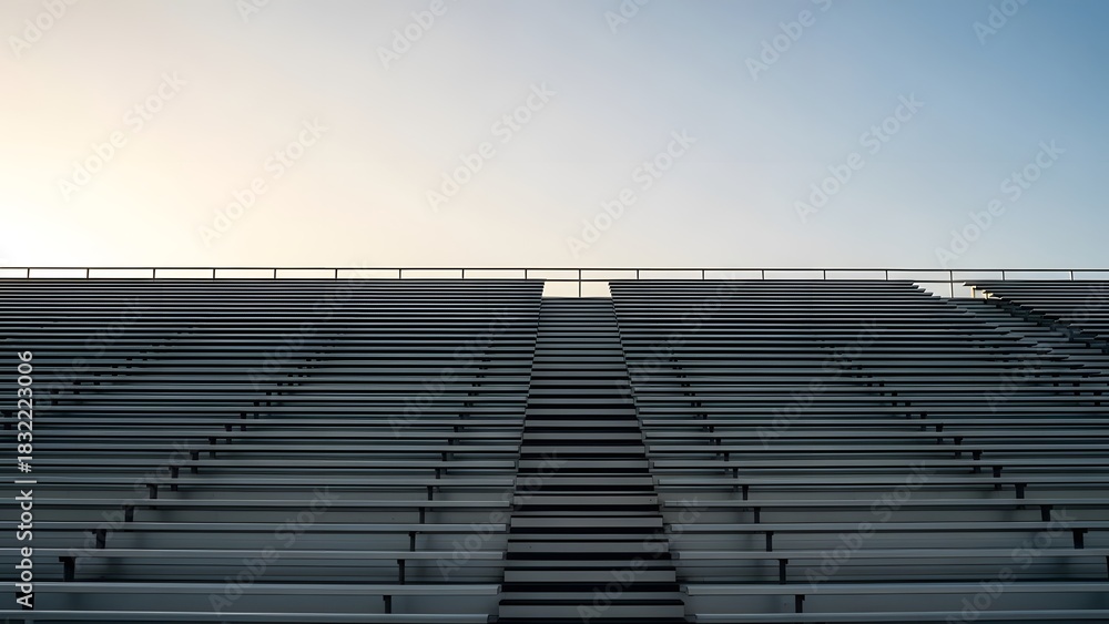 Fototapeta premium Empty rows of metal stadium bleachers stretching upwards against a clear vast sky creating strong linear patterns