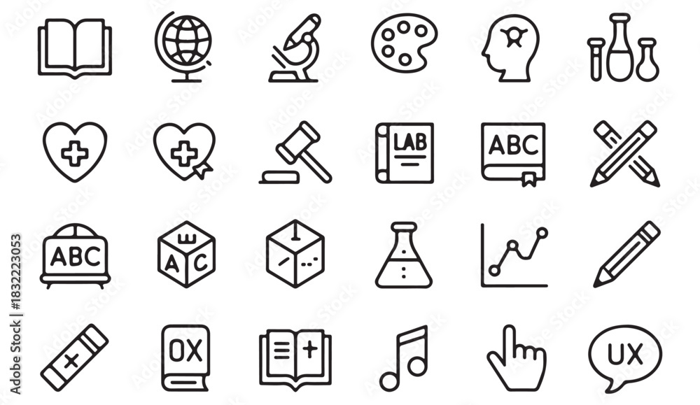 Fototapeta premium Comprehensive academic icon pack covering science, art, UX, law, and basic education concepts
