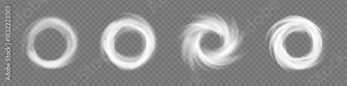 Cold air twists into circular swirl with soft blur and bright spiral motion. Clean abstract whirlpool effect shows pure airflow energy ideal for vector graphics and purification themed design projects