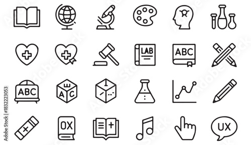 Comprehensive academic icon pack covering science, art, UX, law, and basic education concepts