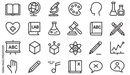 Modern thin-line learning icons for digital interfaces, infographics, and educational materials