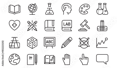 Outline icons representing school subjects, laboratory tools, legal themes, and artistic elements