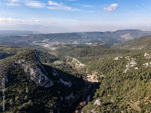 Aerial view of green mountains and valley near Gokdere, Turkiye