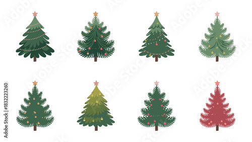 Christmas tree illustration set with decorated festive evergreen trees in various styles and colours