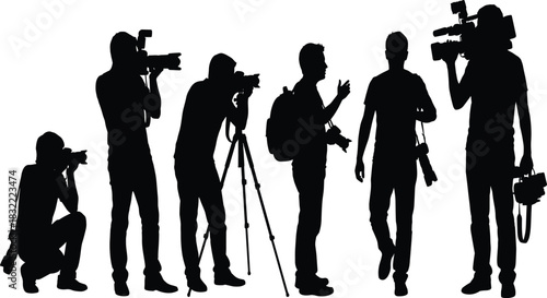 Photographers and cameramen silhouettes set, vector collection of paparazzi taking photos and filming, isolated black figures on white background
