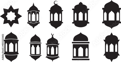 Islamic Lantern Silhouette Vector Icon Set in Black and White