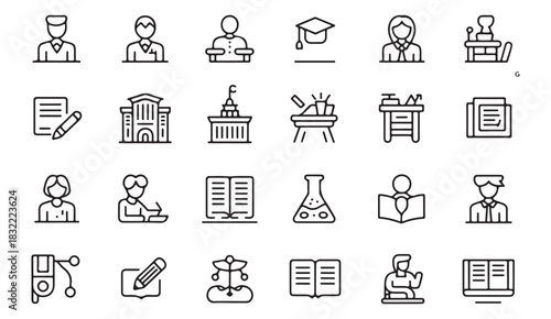 Minimalist education icon set featuring academic symbols and school elements