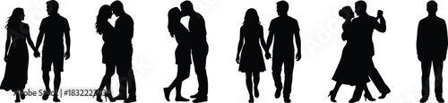 Romantic couples silhouettes collection, vector set of lovers walking, dancing, and kissing, isolated black figures on white background design