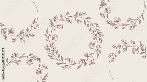 Seamless floral wreath pattern with delicate botanical line art on soft pastel background