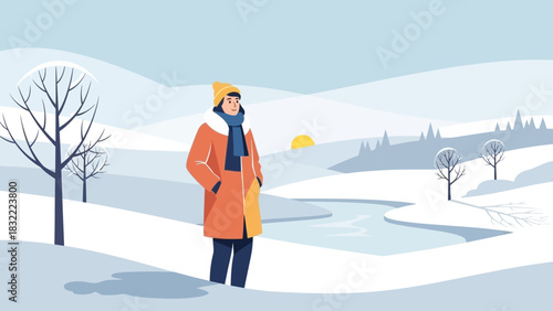 A person in winter coat stands on a snow covered hill with a river and sun in the background during daytime