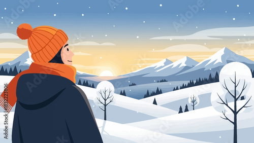 A serene winter morning scene featuring a person wrapped in warm clothing, admiring the breathtaking sunrise over snow-capped mountains and tranquil, frosted trees