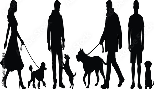 People walking dogs silhouettes set, vector collection of men and women with pets, isolated black figures on white background