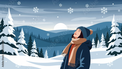 Embracing the calm of a snowy day, a woman stands peacefully amidst a picturesque winter landscape, feeling the gentle magic of falling snowflakes